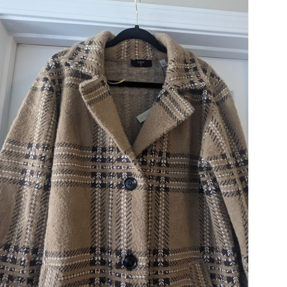 TAHARI Women's Tan Plaid Button Front Long Sleeve Coatigan Sweater XL TG